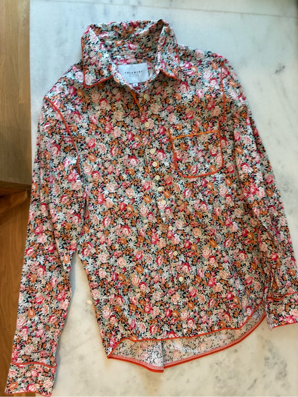 The Shirt by Rochelle Behrens Floral Button-Down Shirt in Pink, Orange, Black